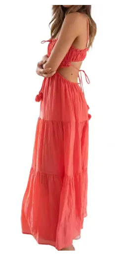 Women Dress Sexy Bandeau Sling Long Dress Lace-up Backless