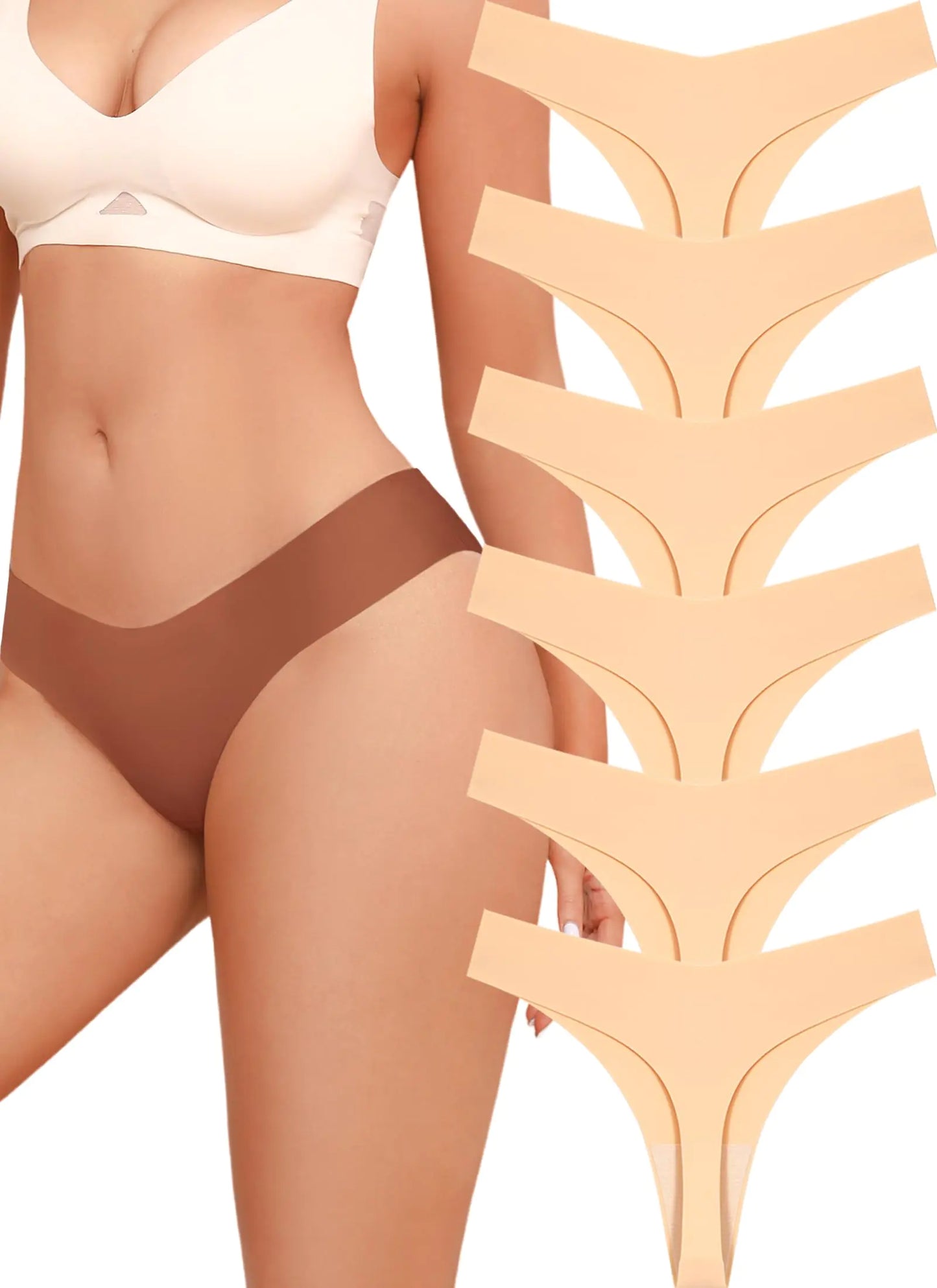 Seamless Thongs for Women No Show V-waisted Invisible Sexy Panties Tangas Thong Underwear Women 6 Pack X-Large F-nude(6 Pack)