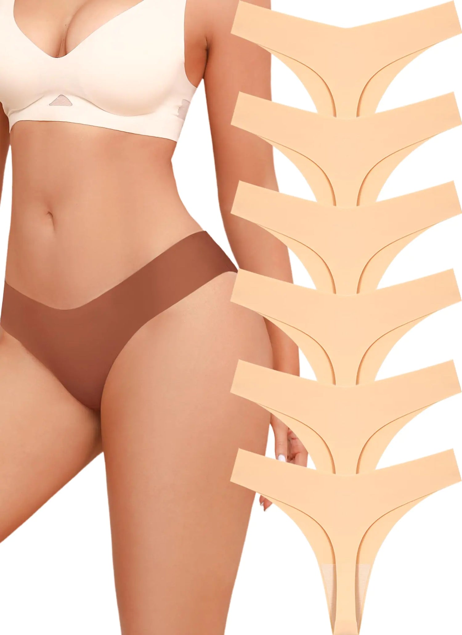 Seamless Thongs for Women No Show V-waisted Invisible Sexy Panties Tangas Thong Underwear Women 6 Pack X-Large F-nude(6 Pack)