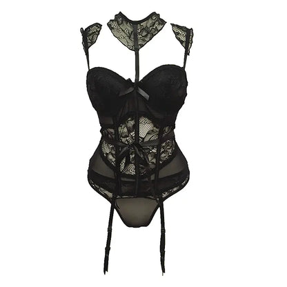 Lace Corset Bodysuit with Bow and Underwire Bra Set