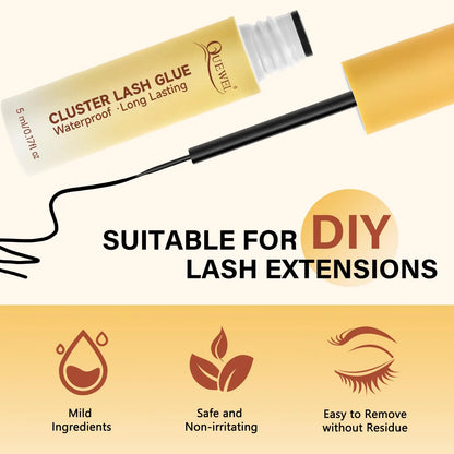 QUEWEL Lash Clusters Bond Eyelash Cluster Glue for DIY Lash Extensions, 5ML Cluster Lashes Glue Waterproof&amp;Long Lasting, Super Strong Hold Eyelash Clusters Bond Suitable for All Day Wear (Black) Bond-Black