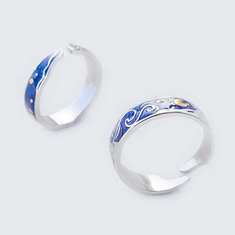 Adjustable Van Gogh Starry Night Couple Rings: Silver with Blue Stars - Valentine&