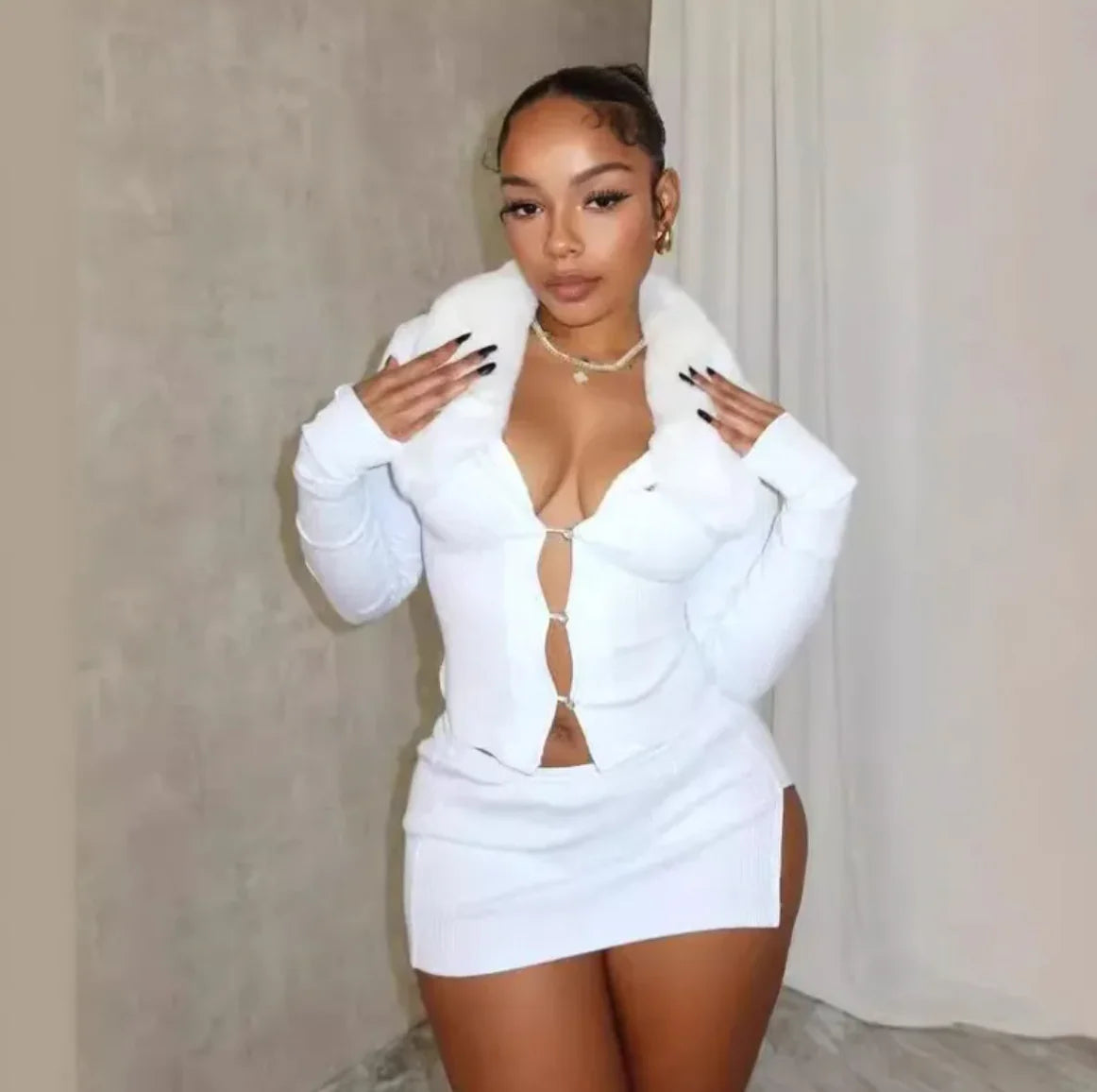 Fur Collar Buttoned Top &amp; Split Skirt Set