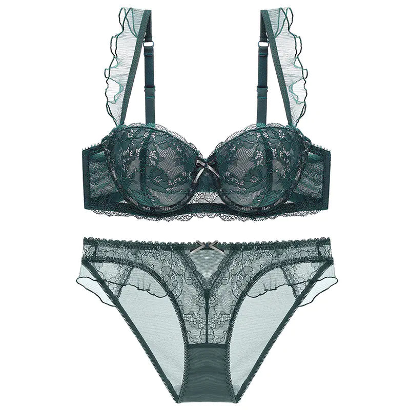 Lace Trim Push-Up Bra and Ruffled Lingerie Set