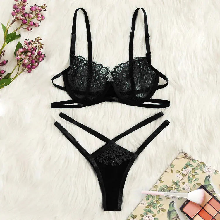Lace Lingerie Set with Sheer Bikini and Bra Panty