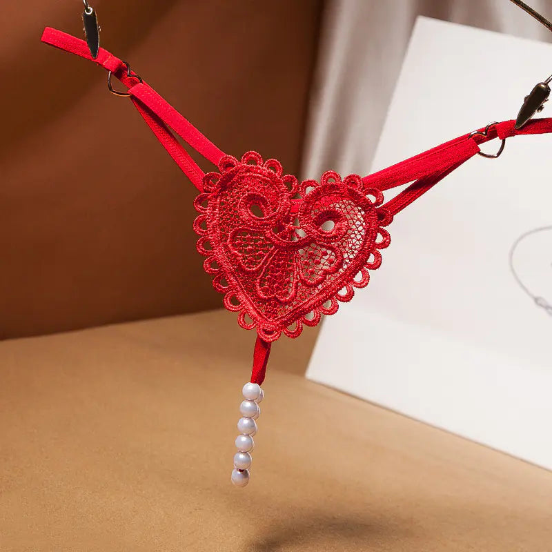 Vintage Pearl Heart Embellished Thong for Women