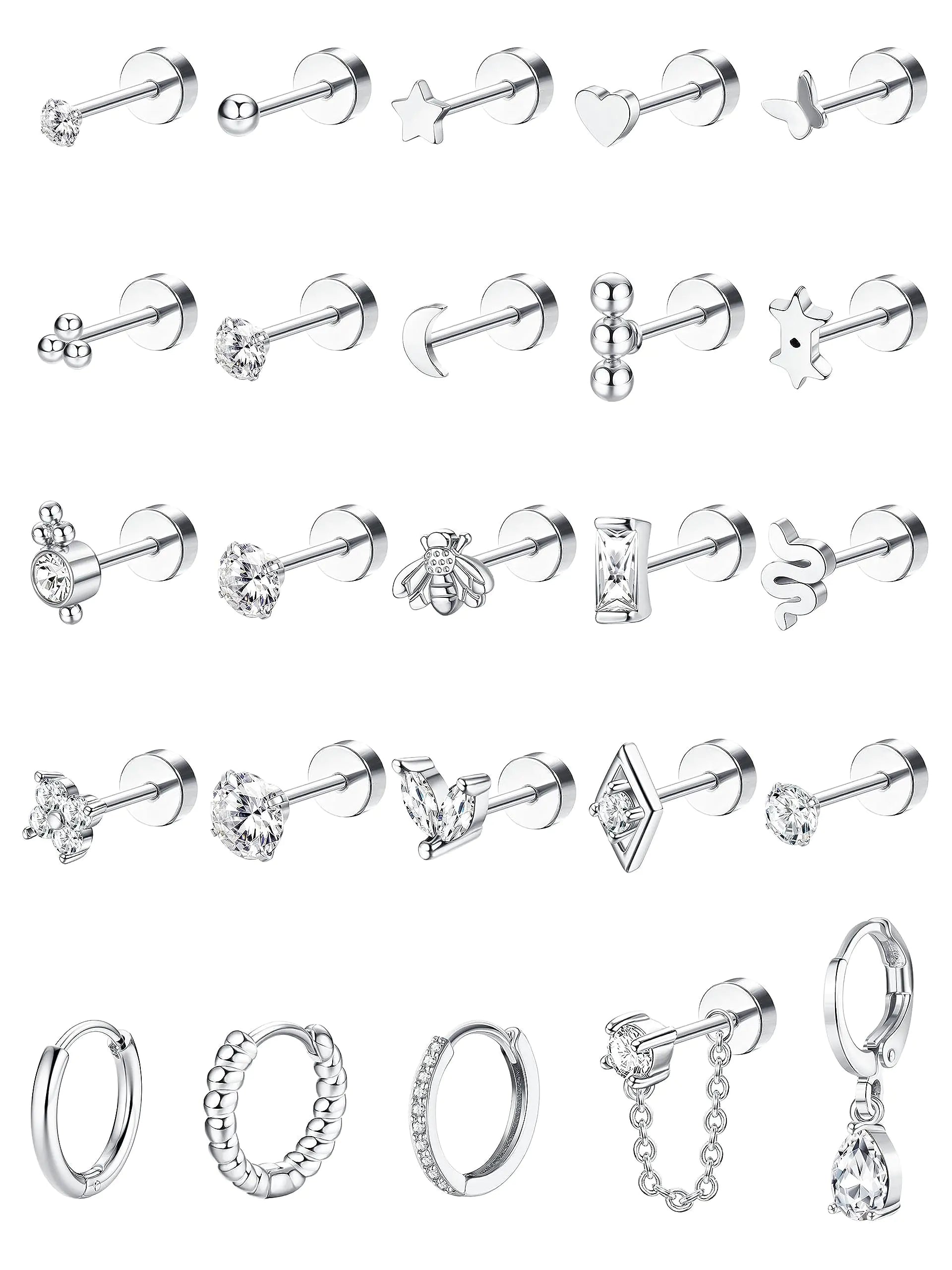 ADRAMATA Tiny Gold Flat Back Earrings for Cartilage Surgical Steel Stud Hoop Earrings Set for Multiple Piercing Cute Star Moon Snake Butterfly CZ Chain Dangle Emerald Green Earrings Helix Piercing Jewelry Hypoallergenic 20G Silver Single Earrings