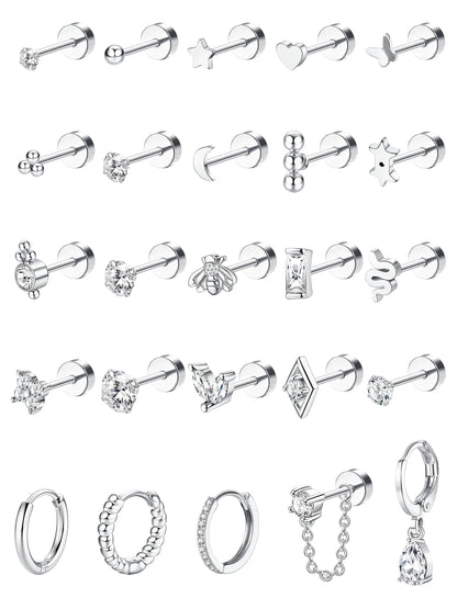 ADRAMATA Tiny Gold Flat Back Earrings for Cartilage Surgical Steel Stud Hoop Earrings Set for Multiple Piercing Cute Star Moon Snake Butterfly CZ Chain Dangle Emerald Green Earrings Helix Piercing Jewelry Hypoallergenic 20G Silver Single Earrings