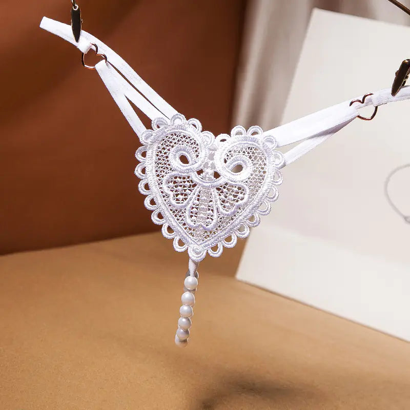 Vintage Pearl Heart Embellished Thong for Women