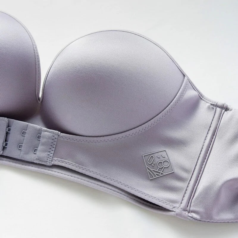 Front &amp; Back Buckle Push-Up Bra: Deep V Strapless Design, Wire-Free, Thicken Lingerie
