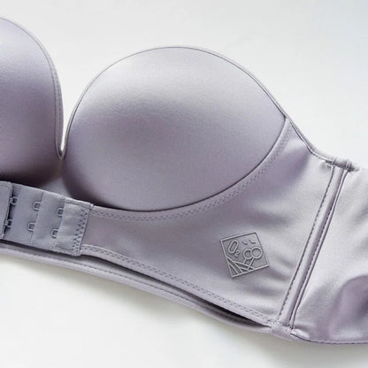 Front &amp; Back Buckle Push-Up Bra: Deep V Strapless Design, Wire-Free, Thicken Lingerie