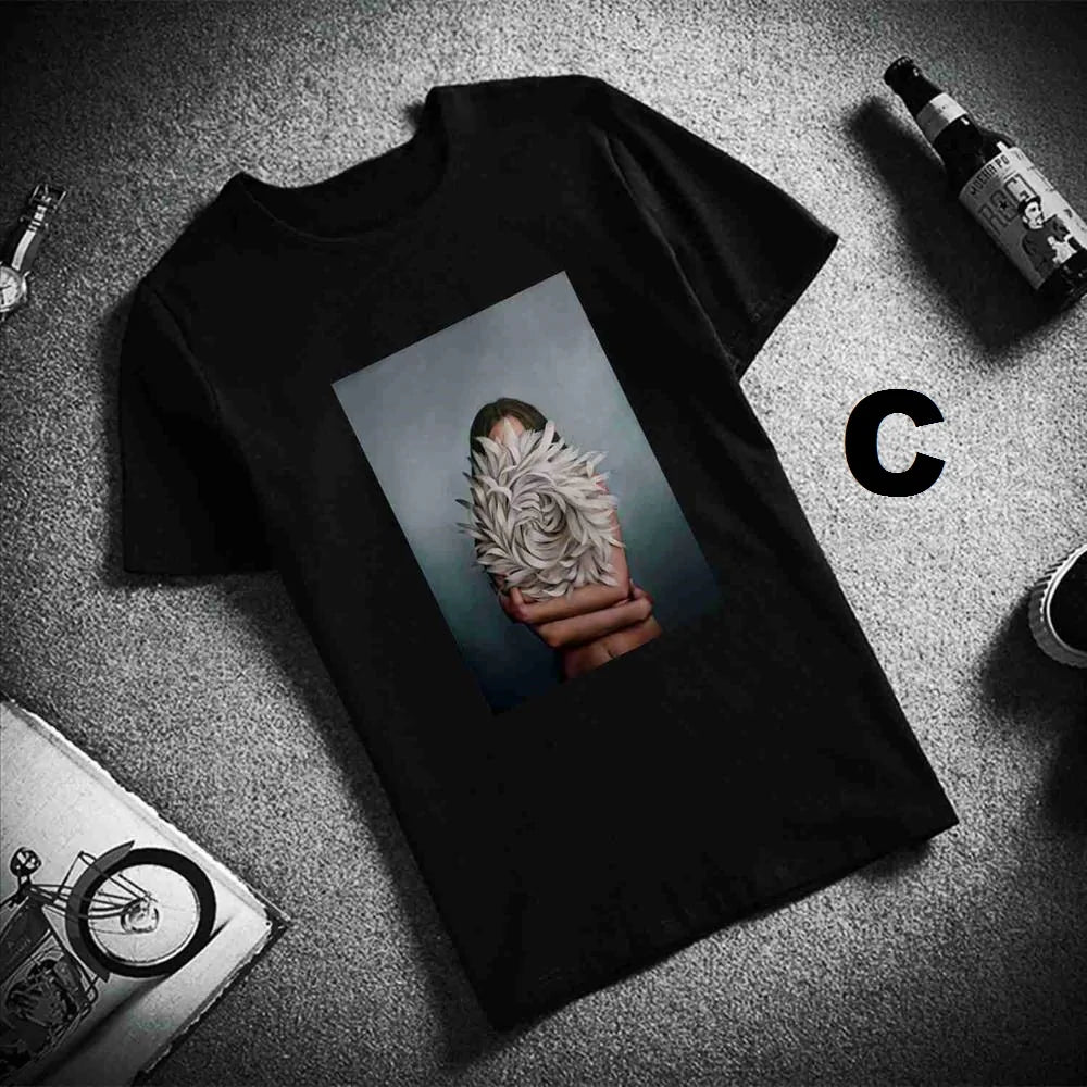 Sexy Flowers Feather Print Short Sleeve Tops