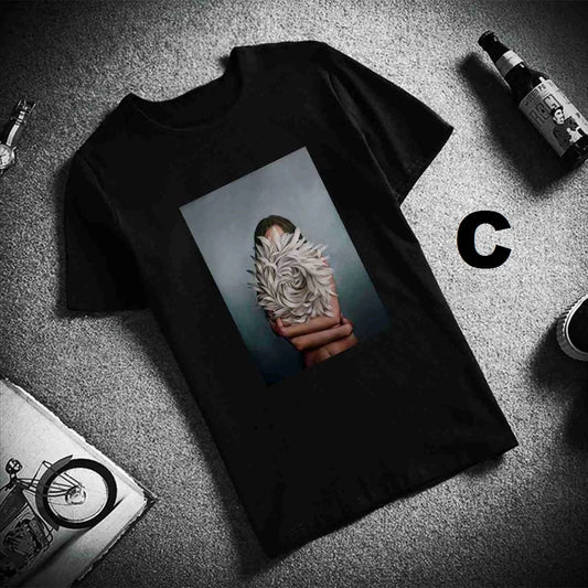 Sexy Flowers Feather Print Short Sleeve Tops