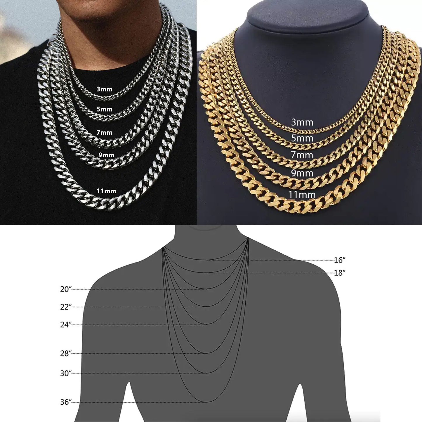 Stainless Steel Gold Silver Chain Cuban Curb Womens Mens Necklace 3/5/7/9/11mm