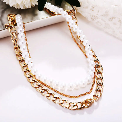 Pearl and Curb 3 Piece Layer 18K Gold