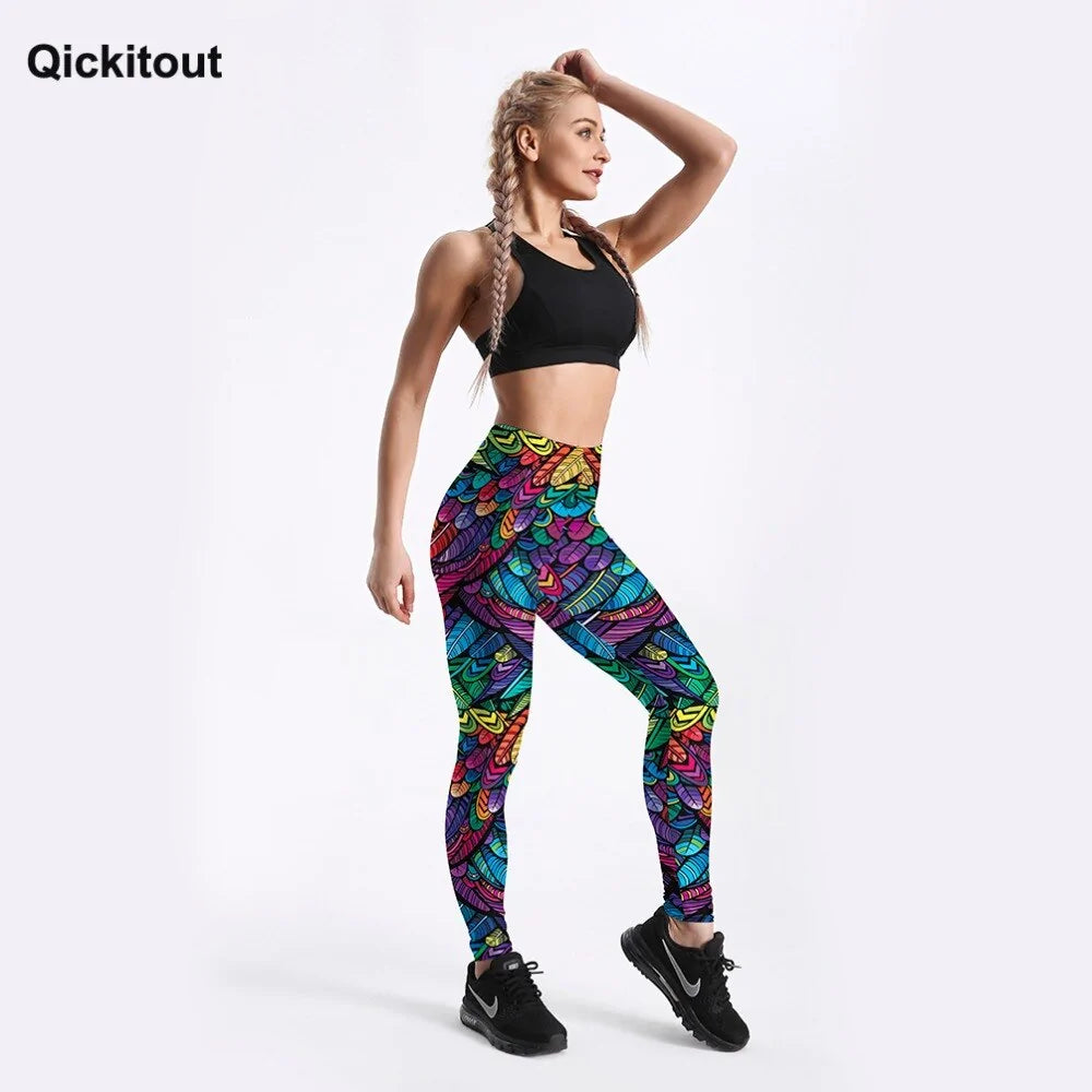 Quickitout Color Feathers 3D Printed Women's Mid-Waist Fitness Trousers