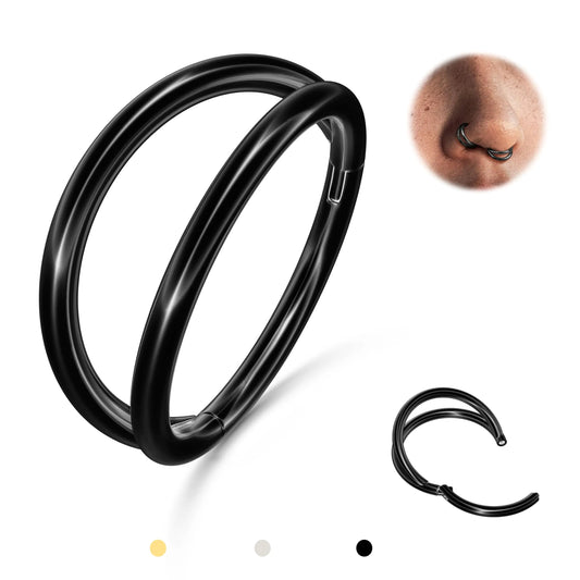 BodyBonita Triple/Double Hoop Nose Ring - 316L Stainless Steel Septum Clicker 16G/18G/20G CZ Conch Piercing Jewelry Septum Clicker Lip Rings Cartilage Earring Helix Rook Tragus Gold/Black/Silver Black-Double Hoop 20g(0.8mm)-8mm-TopPick