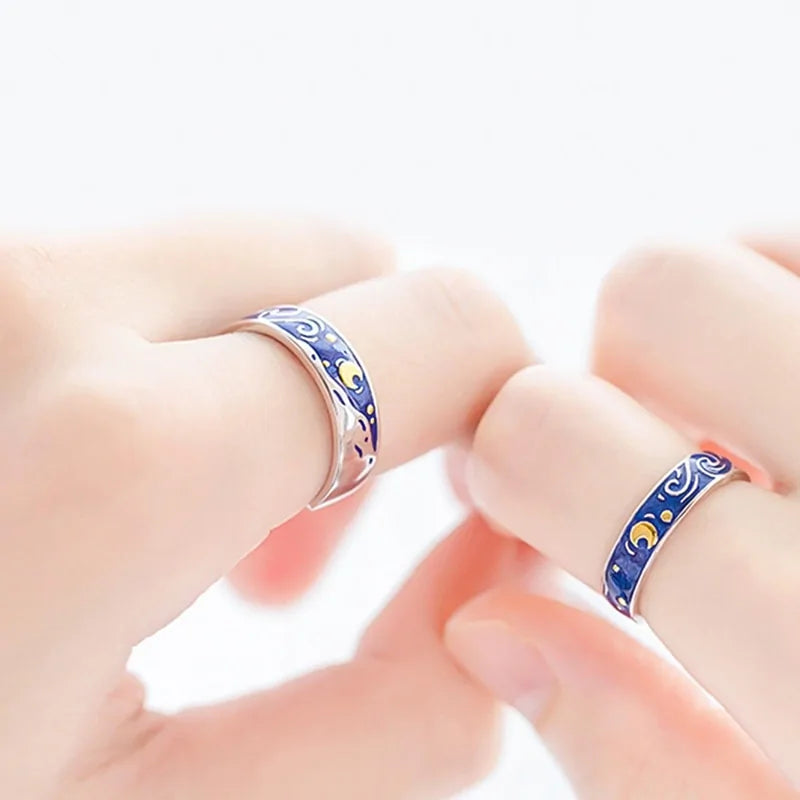 Adjustable Van Gogh Starry Night Couple Rings: Silver with Blue Stars - Valentine&