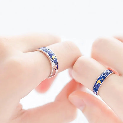Adjustable Van Gogh Starry Night Couple Rings: Silver with Blue Stars - Valentine&