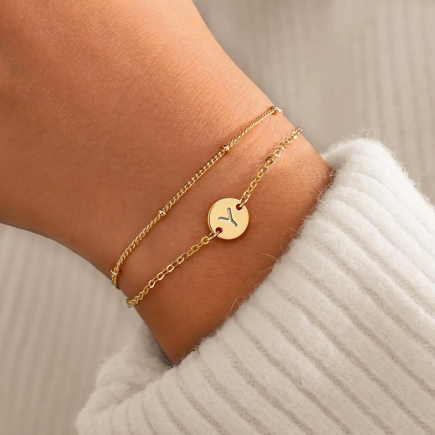 MONOZO Gold Initial Bracelets for Women Trendy - Dainty 18K Gold Plated Layered Beaded Letter Initial Bracelet Personalized Disc Monogram Bracelet Gold Bracelets for Women Jewelry Gifts Trendy Stuff Y