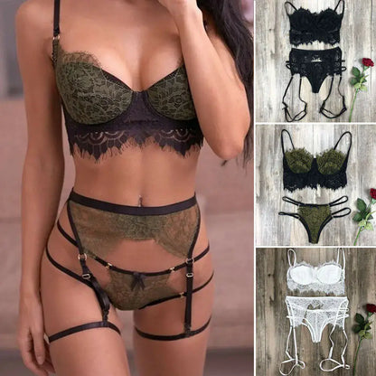Lace Panel Sexy Three-Piece Lingerie Set front view