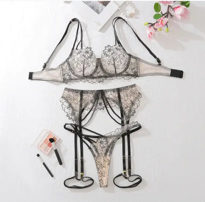 Women’s Lace Mesh Hollow Lingerie 4-Piece Set front view