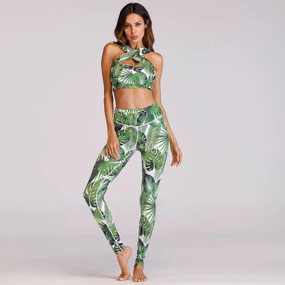 Leaf Print Cross-Shoulder Sports Bra and Yoga Set