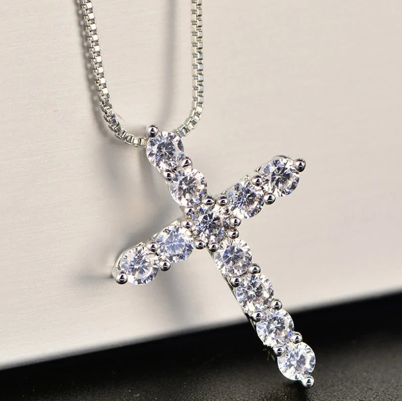 Crystal Cross Pendant Silver Chain Necklace - Fashionable Women&