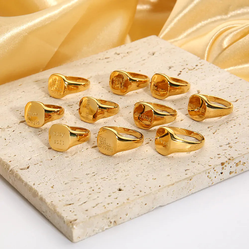 Engraved Letter Word Signet Ring: 18K Gold Plated Stainless Steel