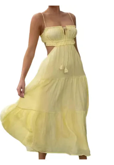 Women Dress Sexy Bandeau Sling Long Dress Lace-up Backless