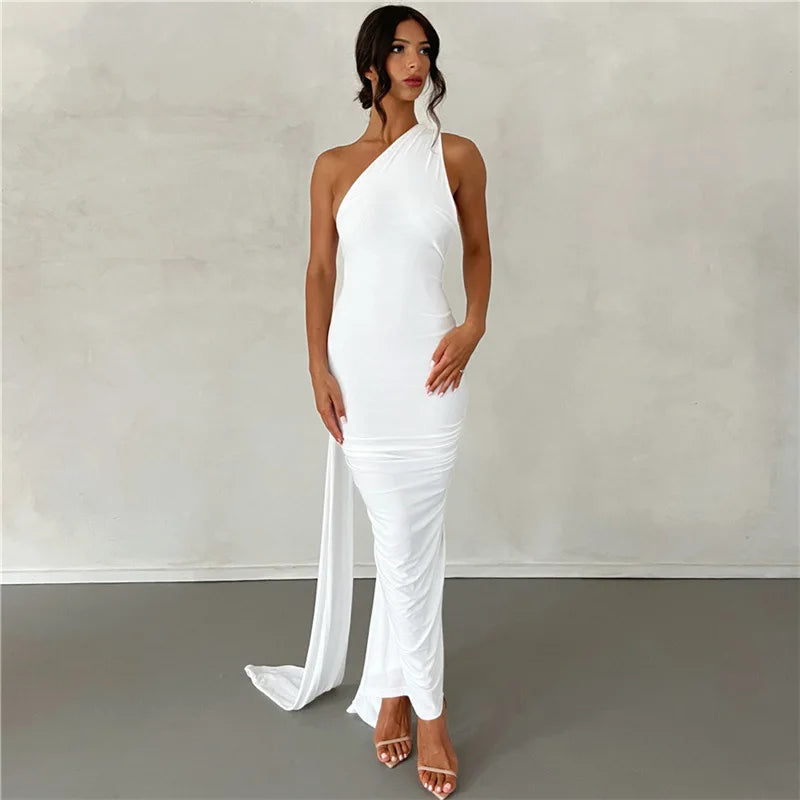 Backless Maxi Dress Oblique Shoulder Sleeveless