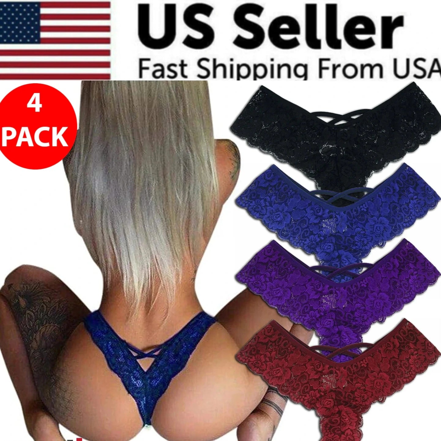 4 Pack Women Sexy Lace Underwear Lingerie Panties G-String Brief Thong Plus Size
