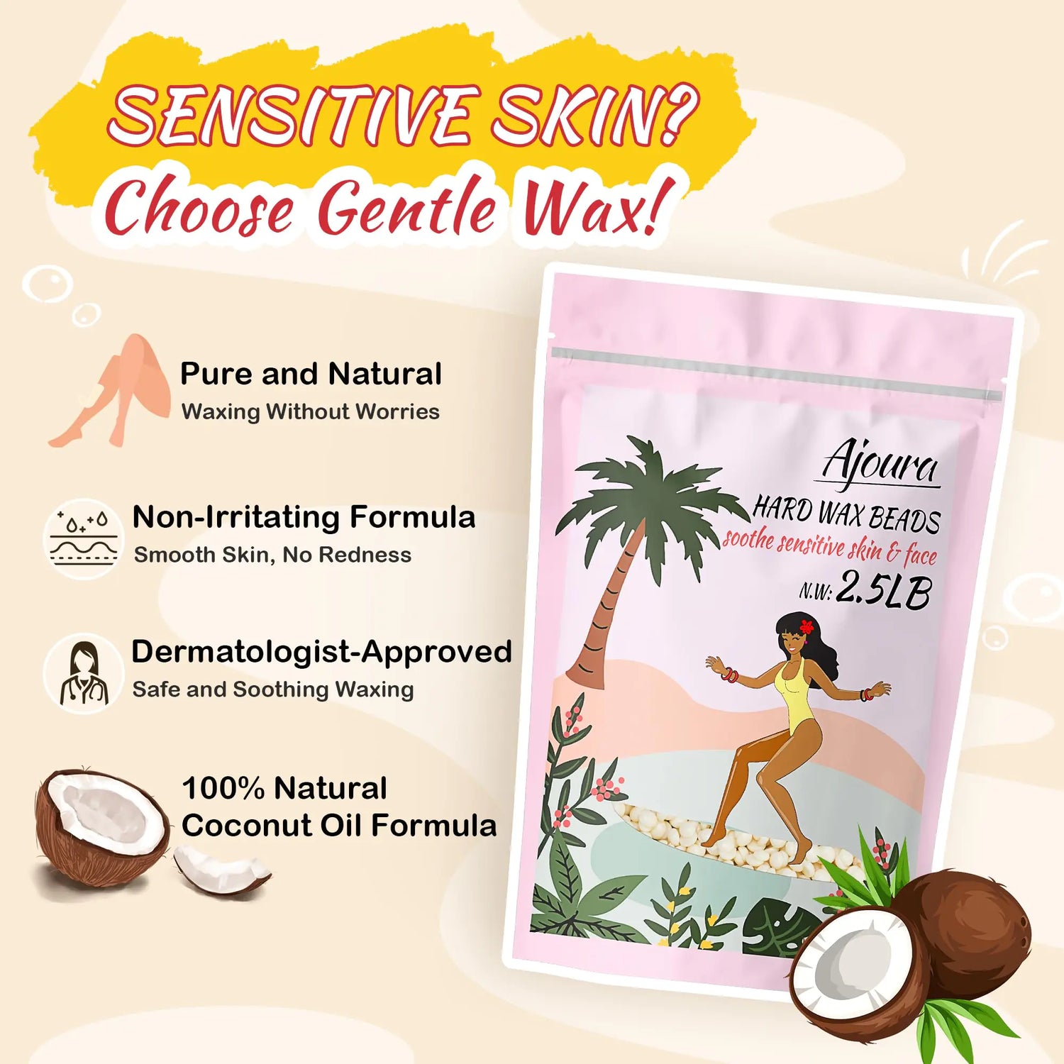 Ajoura 2.5 lb Wax Beads for Hair Removal - Premium Hard Wax for Coarse Hair, Ideal for Brazilian Bikini, Legs, Face, Underarms, Arms, Chest, Back - Sensitive Skin for Efficient Home &amp; Salon Waxing Off White-2.5lb