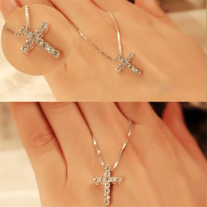 Crystal Cross Pendant Silver Chain Necklace - Fashionable Women&