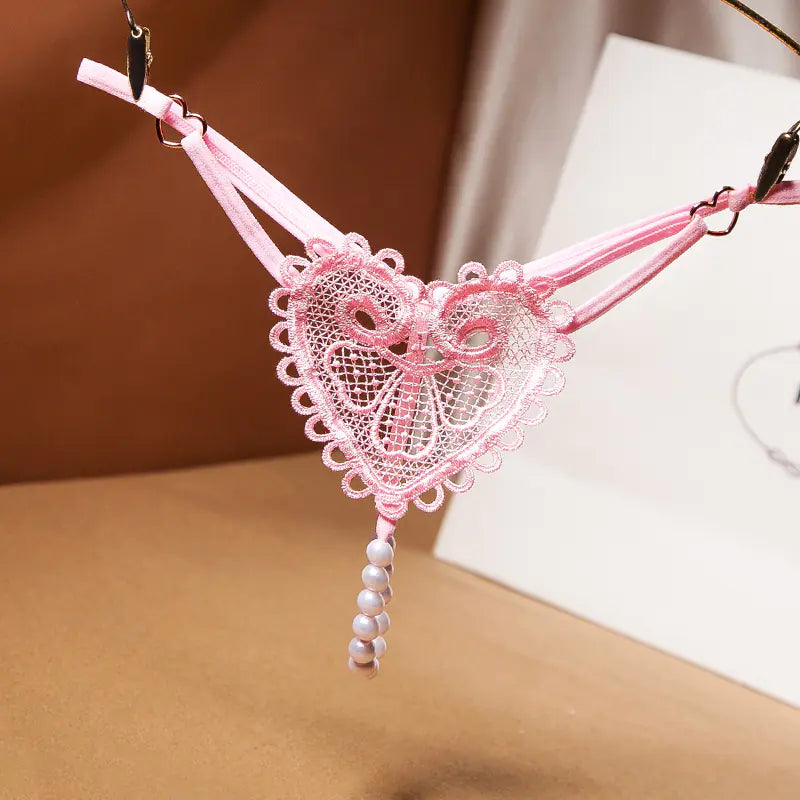 Vintage Pearl Heart Embellished Thong for Women