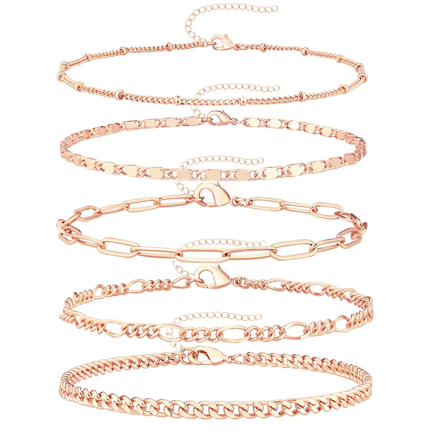 Dainty Gold Chain Bracelets Set for Women 14K Real Gold Plated Link Chain Bracelets for Women Trendy Gold Stackable Cuff Bracelets for Jewelry Gifts Women Adjustable 7"+2" Rose Gold