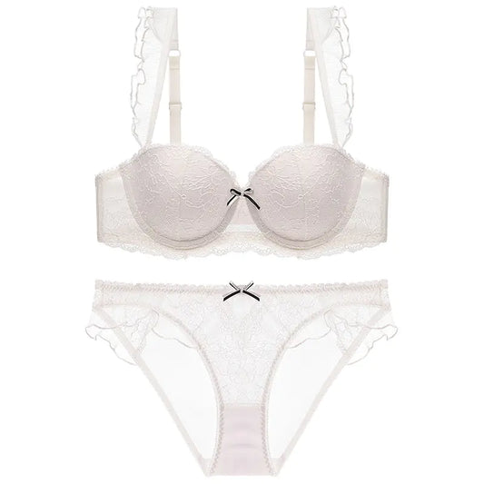 Lace Trim Push-Up Bra and Ruffled Lingerie Set