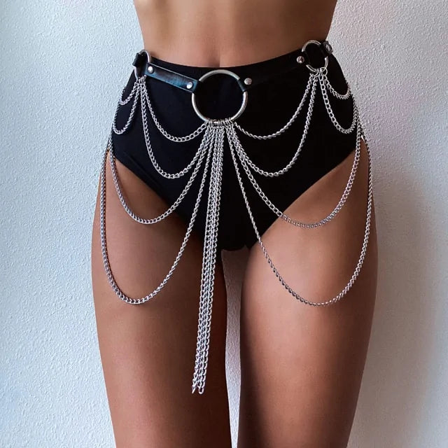 Goth Leather Body Harness Chain Bra