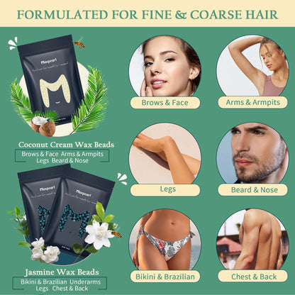 Maxpearl Hard Wax Beads, Pack of 3 Hair Removal Wax Beans Refill - Brazilian, Bikini Waxing, Face, Eyebrows, Underarms, Arms, Chest, Back, Legs - Coconut &amp; Jasmine Formula, 300g Green &amp; Cream