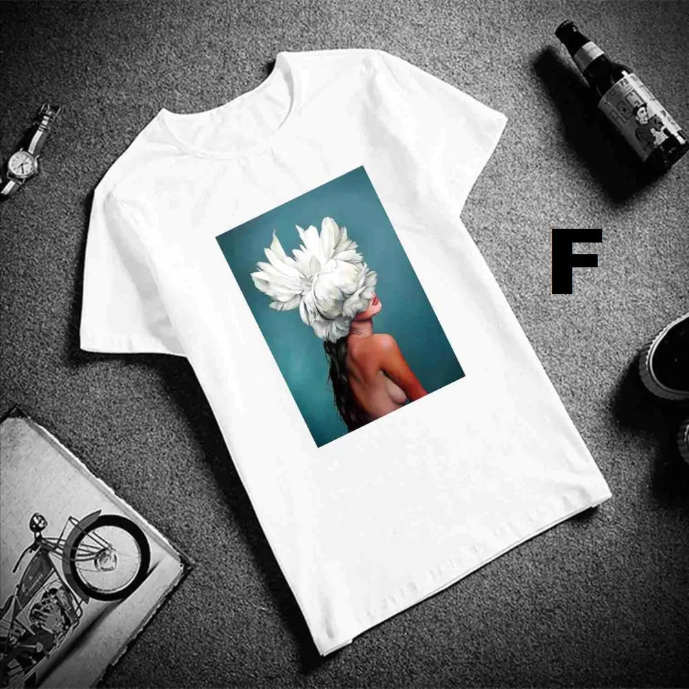 Sexy Flowers Feather Print Short Sleeve Tops
