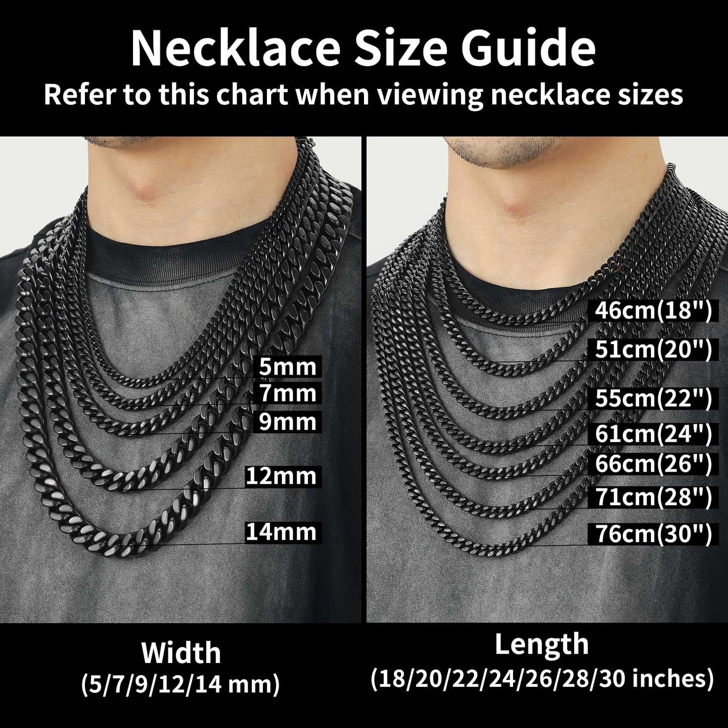 ChainsHouse Stainless Steel Mens Cuban Link Chain, Black/18K Gold Miami Cuban Chain Necklace, 5/7/9mm/12mm Width, No Tarnish&amp; Durable Hip Hop Mens Jewelry, 18"-30", Send Gift Box 20 inches d. 12mm width-black