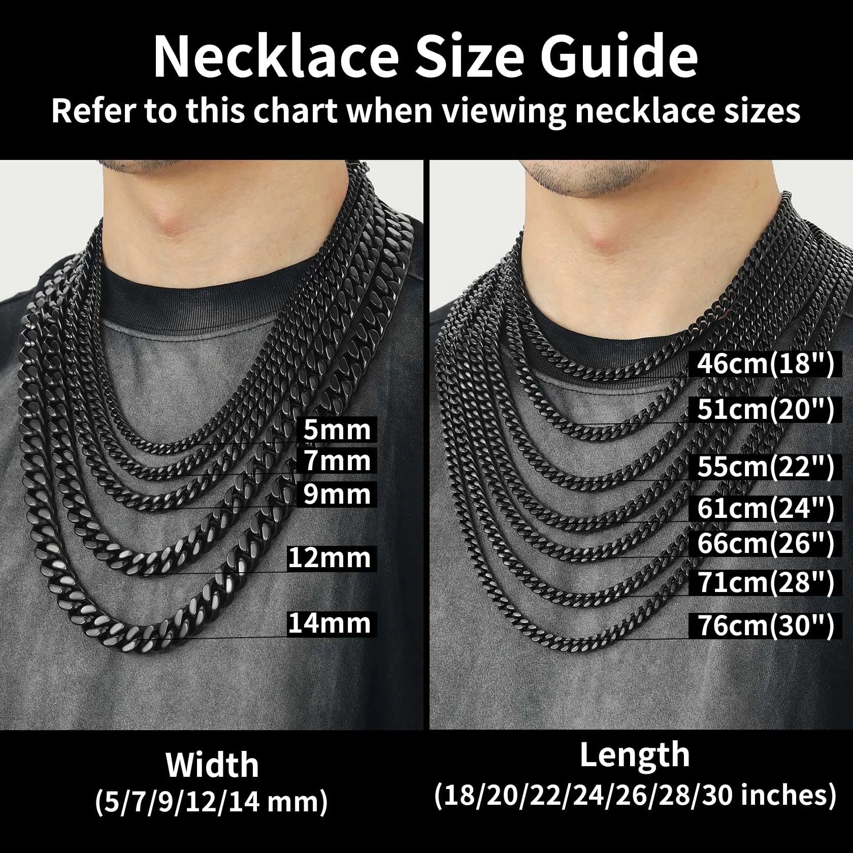 ChainsHouse Stainless Steel Mens Cuban Link Chain, Black/18K Gold Miami Cuban Chain Necklace, 5/7/9mm/12mm Width, No Tarnish&amp; Durable Hip Hop Mens Jewelry, 18"-30", Send Gift Box 20 inches d. 12mm width-black