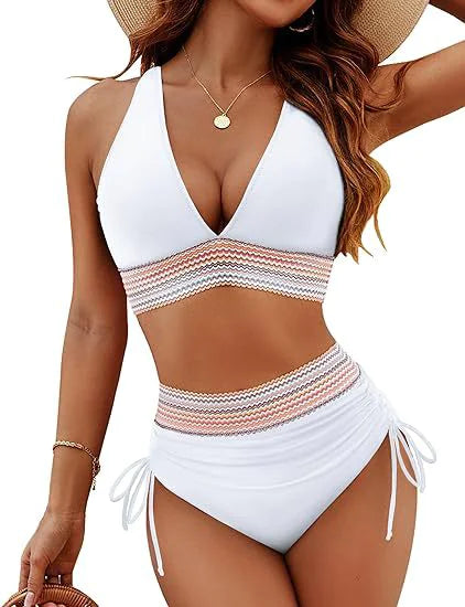 Bikini Set With Color Blocking Drawstring Swimsuit