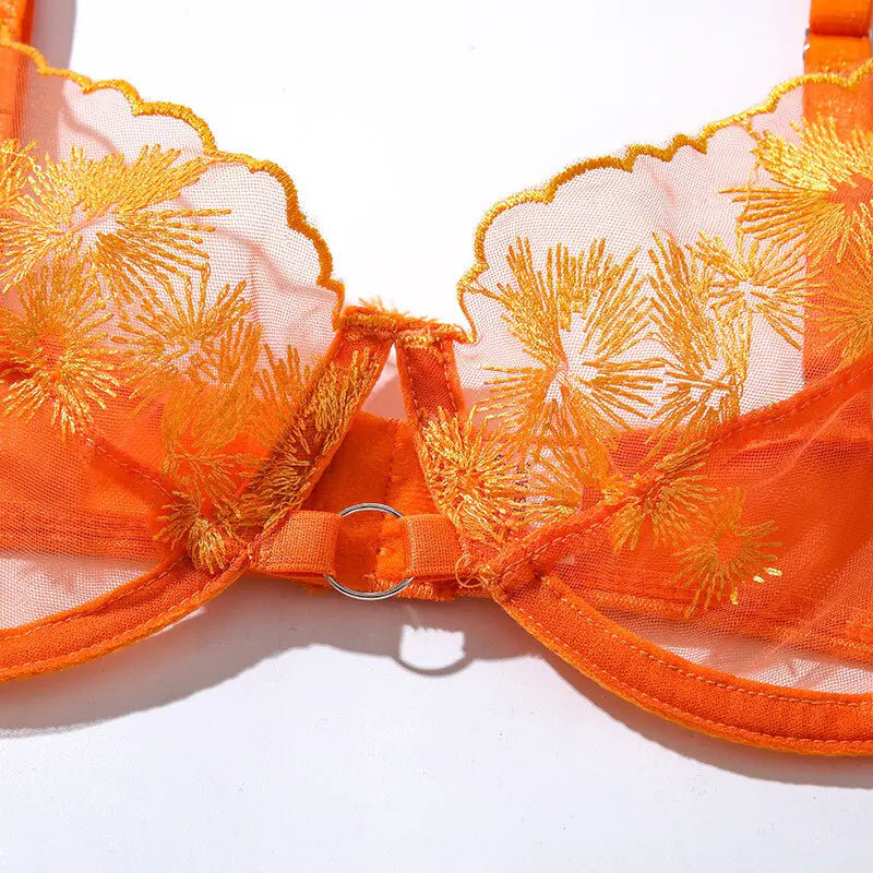 Ellolace Orange Lace Embroidery Lingerie Set - Sexy Transparent 3-Piece Mesh Bra and G String