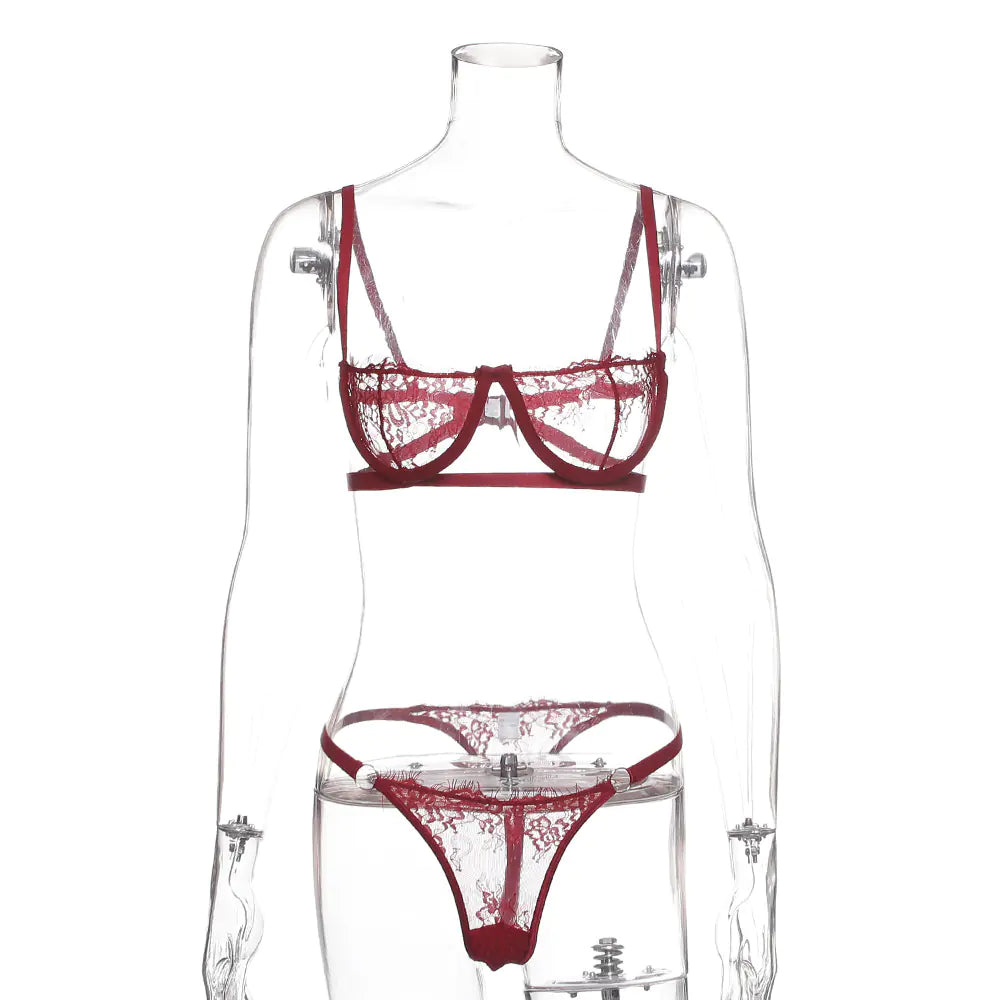 Lace and Mesh Lingerie Set with Steel Ring Bra