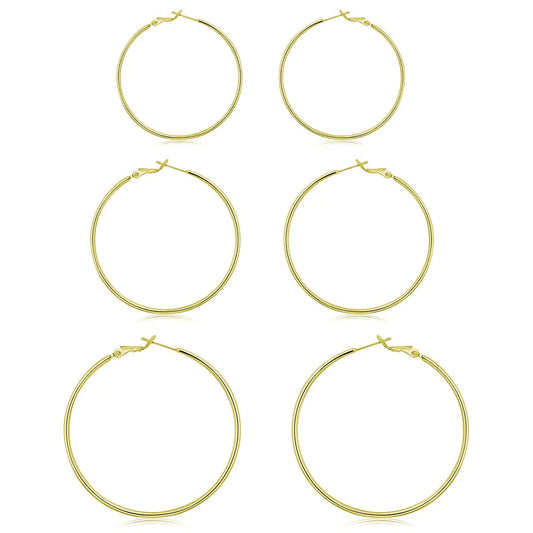 3 Pairs Sterling Silver Hoop Earrings - 14k White Gold Plated Hoop Earrings Big Hoop Earrings Set Silver Hoop Earrings for Women Valentine's Day Gift Jewelry (40MM 50MM 60MM) I: Gold 30mm 40mm 50mm