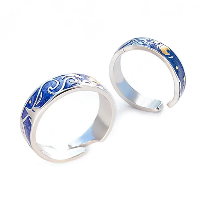 Adjustable Van Gogh Starry Night Couple Rings: Silver with Blue Stars - Valentine&