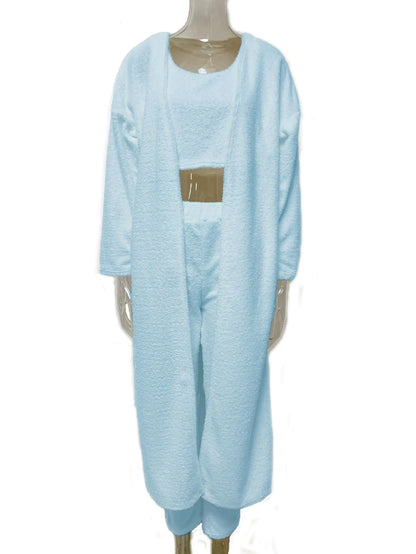 3 Pcs Womens Clothing Fashion Solid Fluffy Plain Crop Top &amp; Skinny Pants &amp; Longline Coat Set Warm Cozy Suit Sets