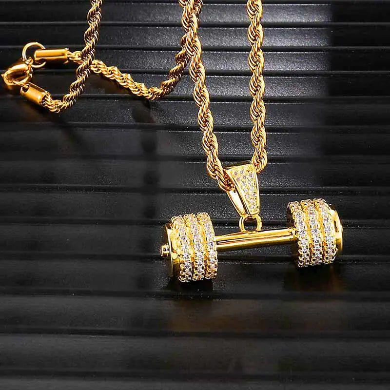 Hip Hop Iced Out Bling Rhinestone Rope Chain Barbell Gym Fitness Dumbbell