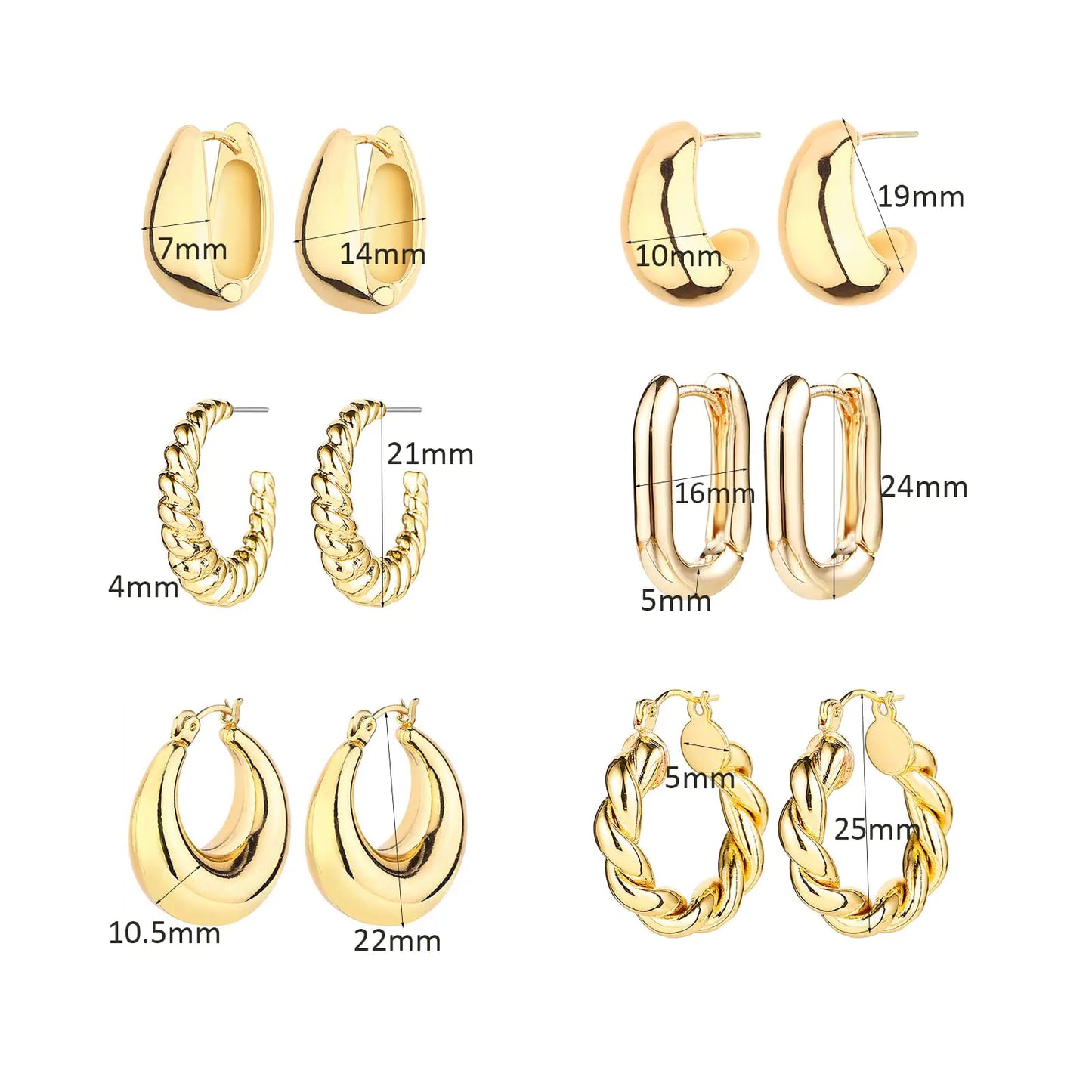 6 Pairs 14K Gold Hoop Earrings for Women Lightweight Chunky Hoop Earrings Multipack Hypoallergenic, Thick Open Twisted Huggie Hoops Earring Set Jewelry for Gifts. Silver